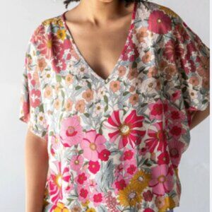 Natural Life Easy V-Neck Top Pink Vintage Floral XL